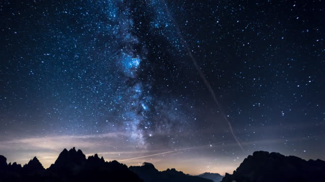Night sky of stars time-lapse - Milky Way and Over the mountain background