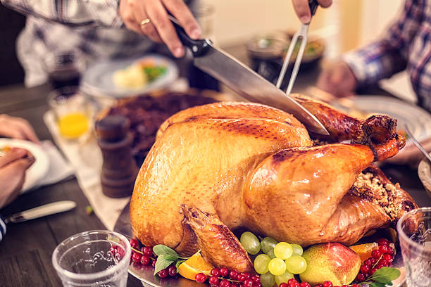 istock Traditional Stuffed Turkey Holiday Dinner with Vegetables and Pumpkin Pie 619629640