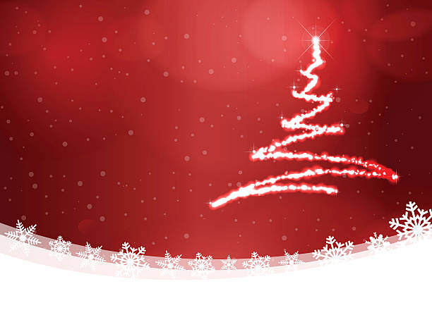 istock Christmas tree on red snowy winter landscape with snow crystals 619631818