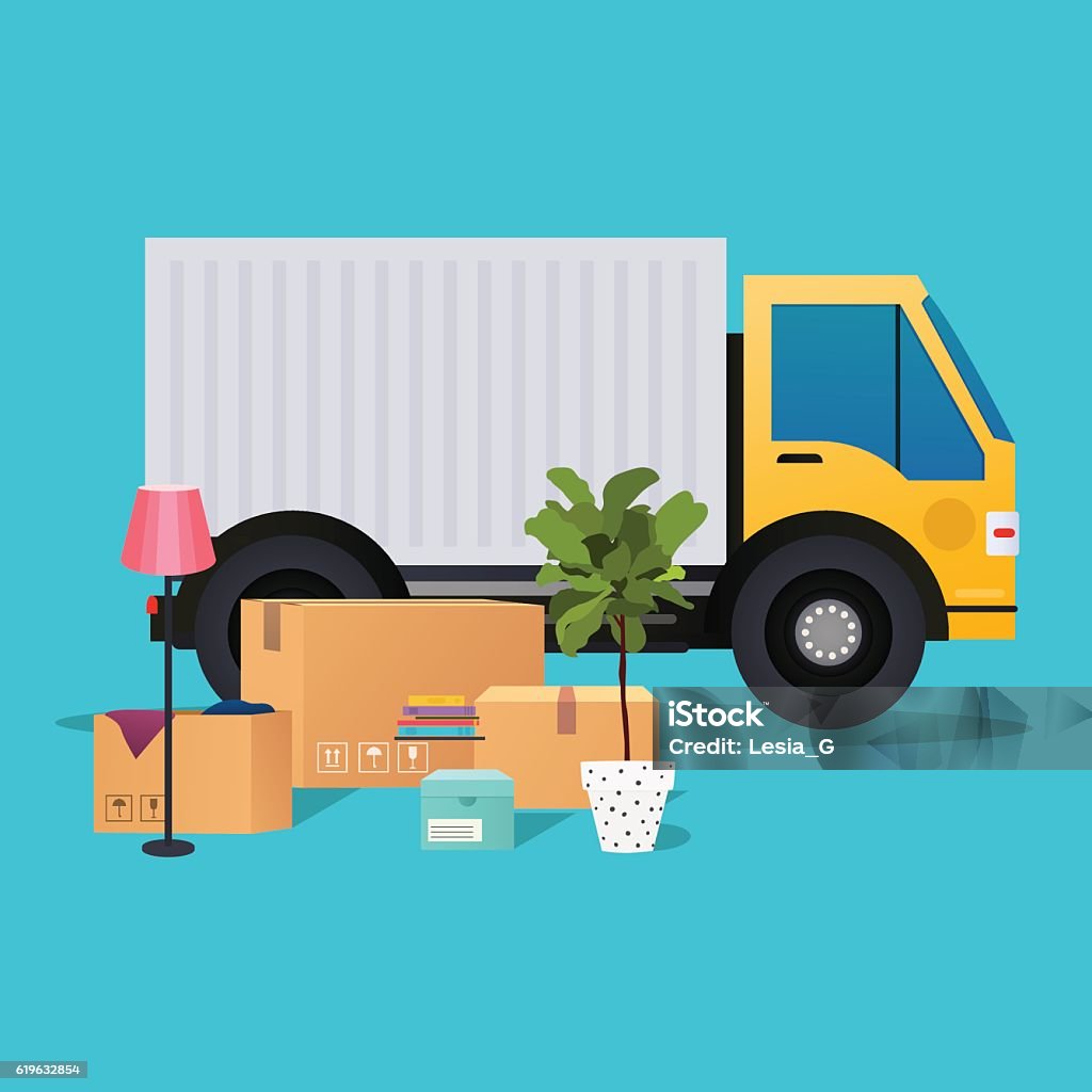 Moving truck and cardboard boxes. Moving House. Transport compan Moving truck and cardboard boxes. Moving House. Transport company. Truck stock vector