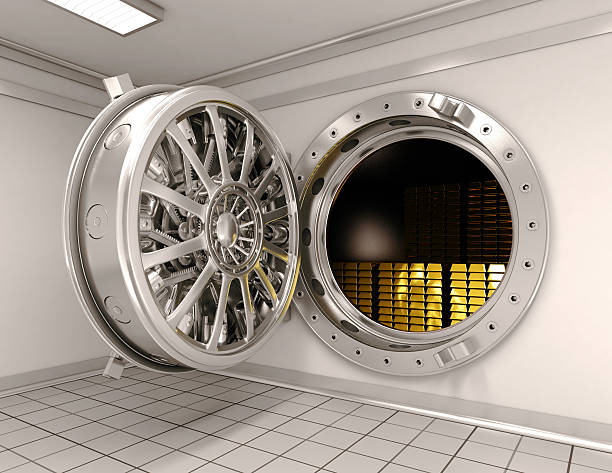 istock Big safe with gold ingots 619635460