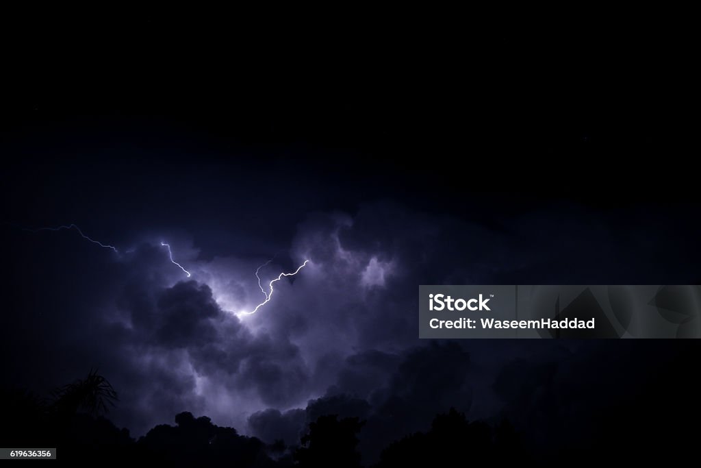 Captured lightening on a cloudy night A horizontal lightening captured at night. Lightning Stock Photo