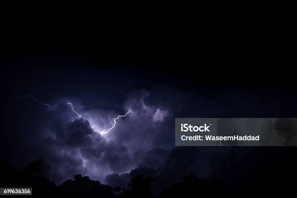 Captured Lightening On A Cloudy Night Stock Photo - Download Image Now - Lightning, Cloud - Sky, Cloudscape