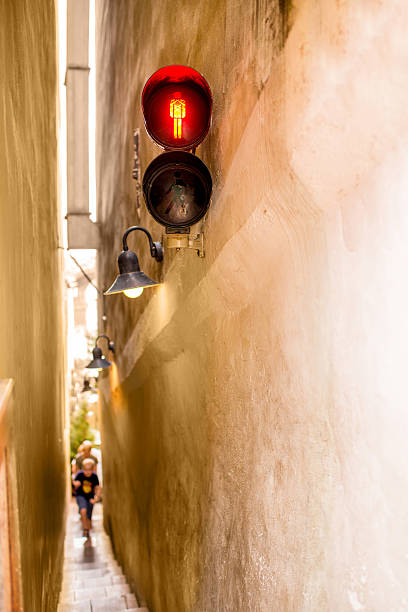 Narrowest street with traffic light in Prague city