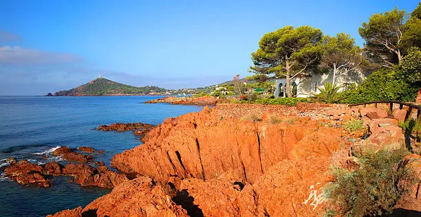 Esterel mediterranean red rocks coast, beach and sea. French Riviera in Cote d Azur near Cannes Saint Raphael, Provence, France, Europe