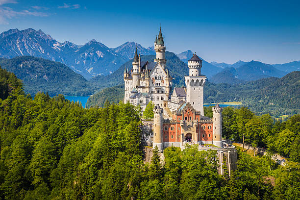 famoso castillo de neuschwanstein con vista panorámica de las montañas cerca de paisaje - bavaria allgau germany landscape fotografías e imágenes de stock