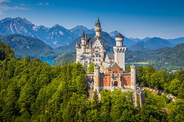 o famoso castelo de neuschwanstein com bela paisagem de montanha, próximo - neuschwanstein allgau europe germany - fotografias e filmes do acervo