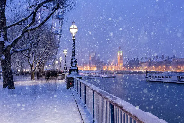 Photo of Snowing on Jubilee Gardens in London at dusk