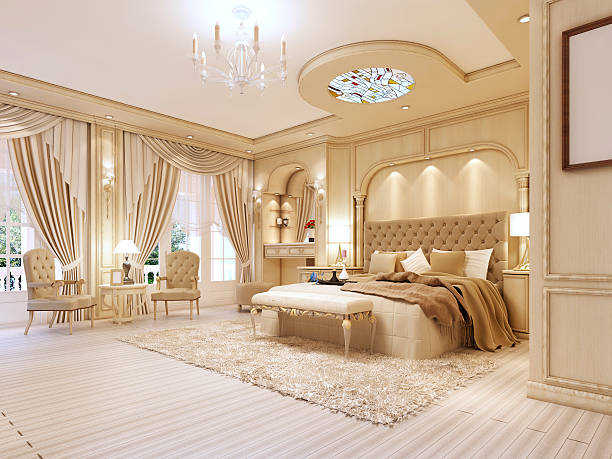 istock Luxurious bedroom in pastel colours in a neoclassical style. 619640828