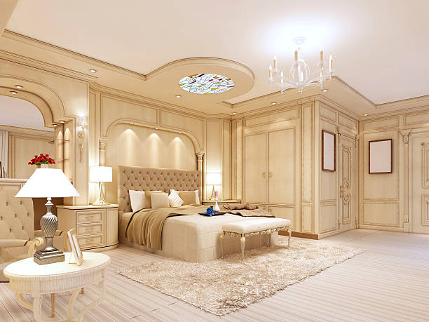 istock Luxurious bedroom in pastel colours in a neoclassical style. 619641182