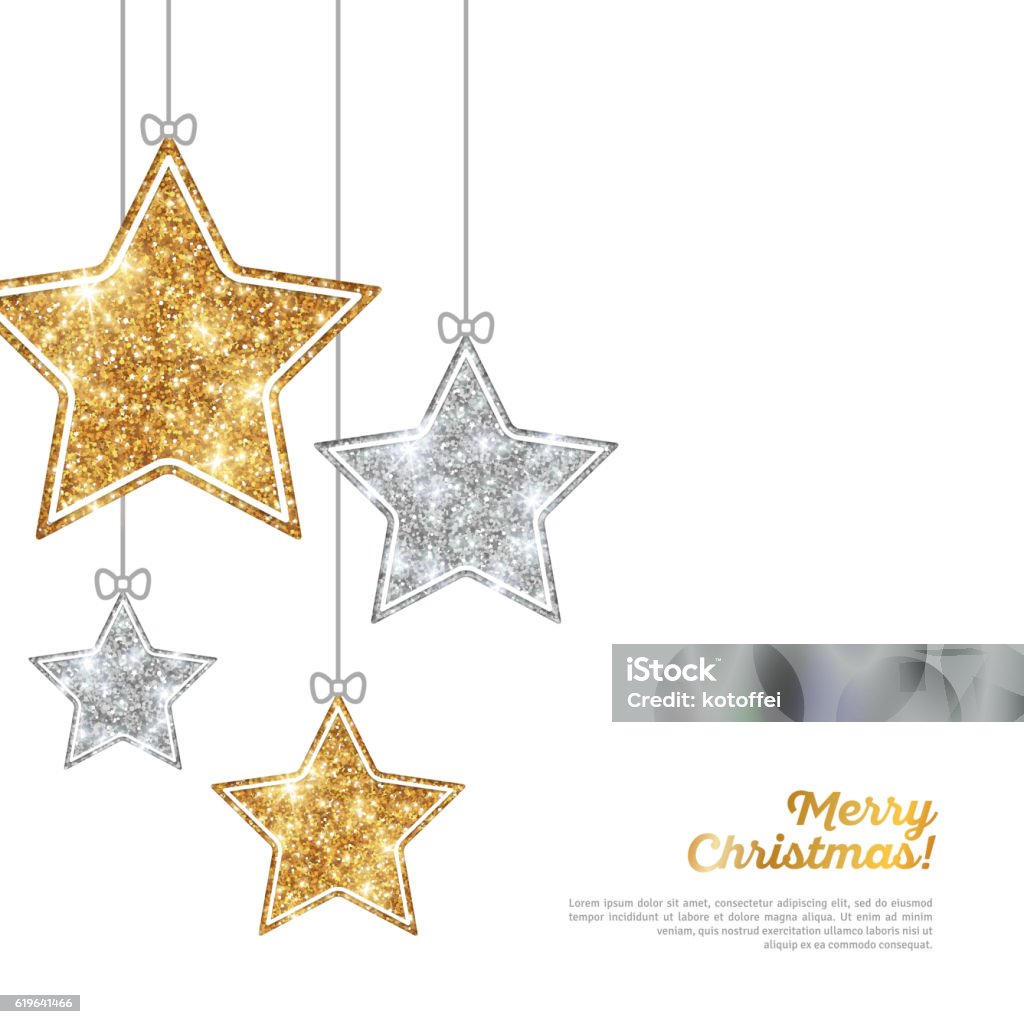 Silver and Gold Hanging Stars on White Merry Christmas and Happy New Year Banner. Glitter Background with Silver and Gold Hanging Stars. Vector illustration. Sequins Pattern. Glowing Invitation Template. Star Shape stock vector