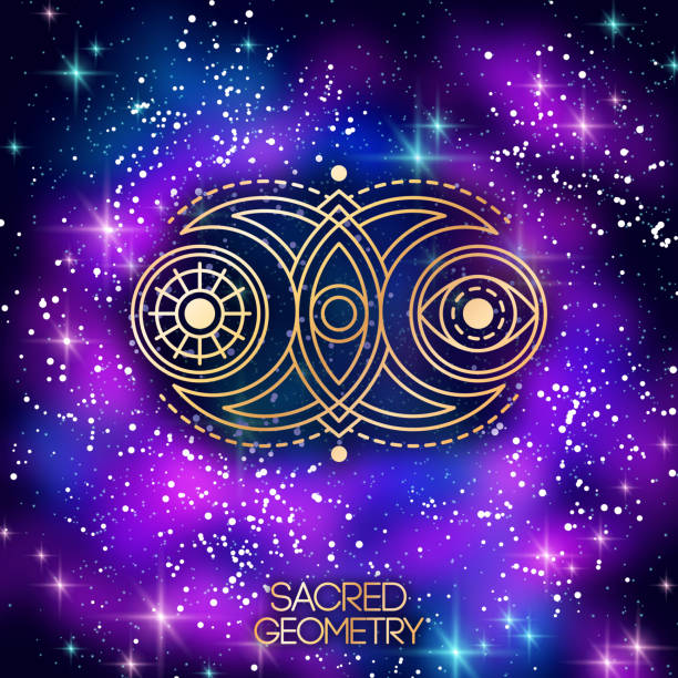 Sacred Geometry Emblem with Moon, Sun and Eye Sacred Geometry Emblem with Double Moon, Sun and Eye on Shining Galaxy Space Background. Vector illustration. Geometric Logo Design. Alchemy Symbol, Occult and Mystic Sign. human eye nebula star space stock illustrations