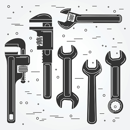 Set of flat wrench icon. Vector illustration. Silhouettes of tools. Set include Adjustable, Pipe and Gear Wrenches.