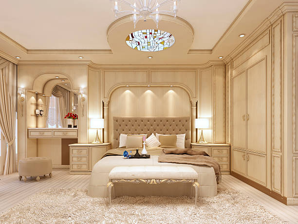 istock Luxury bed in a large neoclassical bedroom with decorative niche 619642184