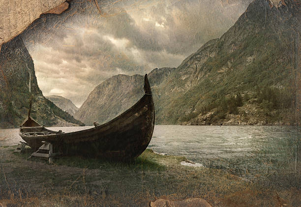 Old viking boat in Gudvangen village near Flam, Norway Retro image in painting style in norwegian landscape of old viking boat in Gudvangen village near Flam, Norway viking ship photos stock pictures, royalty-free photos & images