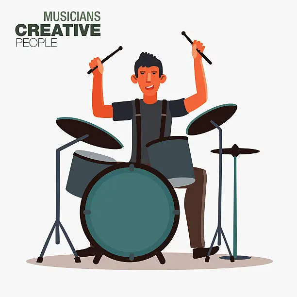 Vector illustration of Young drummer of rock band playing his kit. Creative people