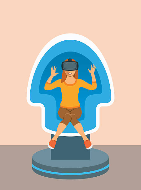 illustrations, cliparts, dessins animés et icônes de femme avec des lunettes de réalité virtuelle dans le simulateur de chaise - three dimensional recreational pursuit behavior ecstatic