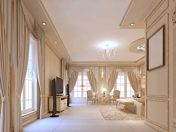 istock Design luxury bedroom in beige tones, with large Windows 619643120