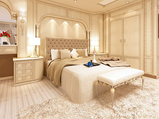 istock Luxury bed in a large neoclassical bedroom with decorative niche 619643626