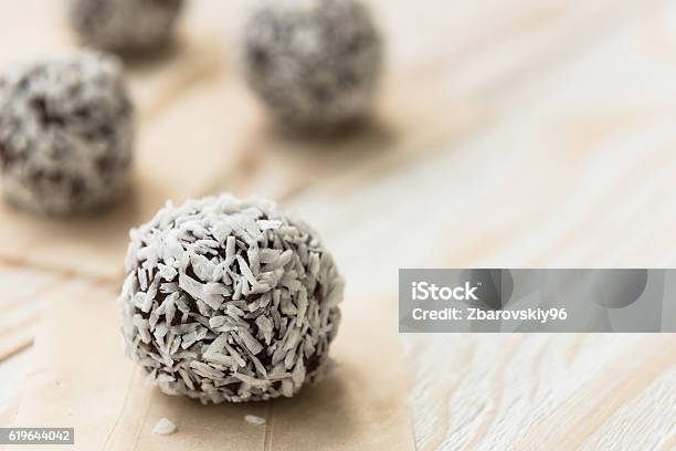 Delicious Energy Balls With Coconut And Almonds Stock Photo - Download Image Now - Sphere, Coconut, Oats - Food