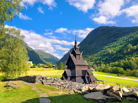 Stave church (wooden church) of Borgund. Sognefjord, Norway
