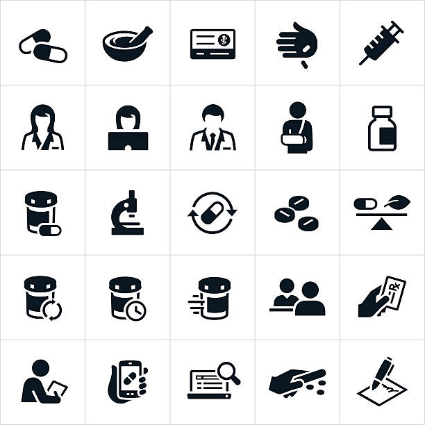 ilustraciones, imágenes clip art, dibujos animados e iconos de stock de iconos de farmacia - pharmacist pharmacy pill medicine