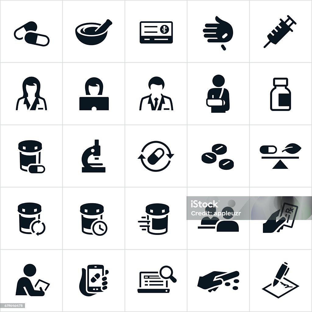 Pharmacy Icons A set of pharmacy icons. The icons include pharmacists, pharmaceuticals, pills, medicine, insurance card, immunizations, insulin, pill bottles, refills, speed of service, customer service, insurance, prescription, medical equipment and other related items. Icon Symbol stock vector