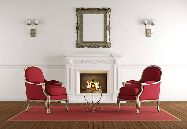 White fireplace in a classic living room Retro living room with white fireplace and two classic armchair - 3d rendering fireplace and armchair stock pictures, royalty-free photos & images