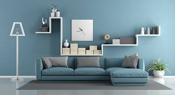 blue wohnzimmer - living room blue sofa carpet stock-fotos und bilder