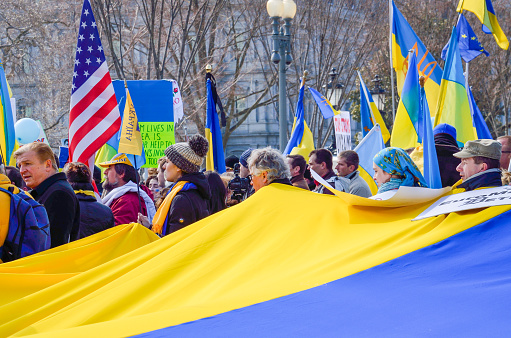 Washington DC, USA - March 6, 2014: People holding large Ukrainian flag during protest by White House