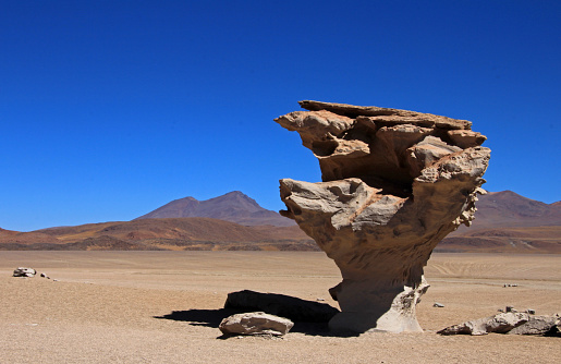 The famous rock formation stone tree or arbol de piedra in the desert of southwest Bolivia, South America