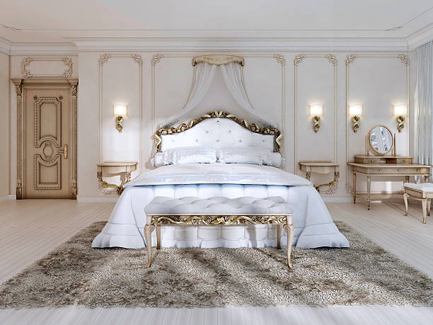 istock Luxurious bedroom in white colors in a classic style. 619648662