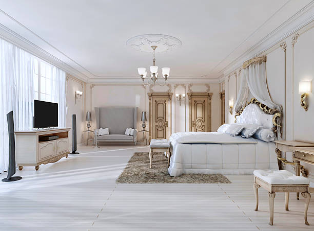istock Luxurious bedroom in white colors in a classic style. 619648750