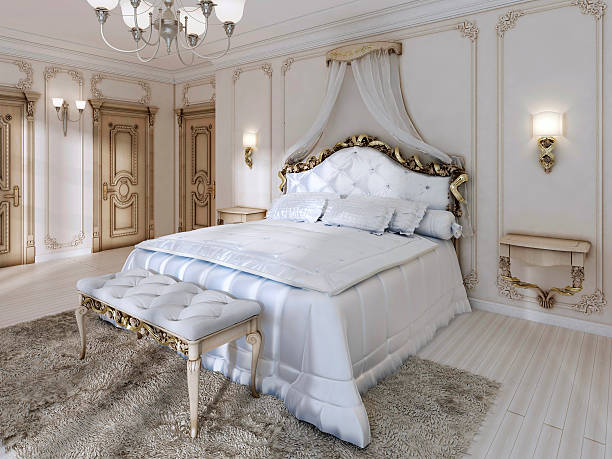 istock Great classic four-poster bed and soft white Comforter with pill 619648954