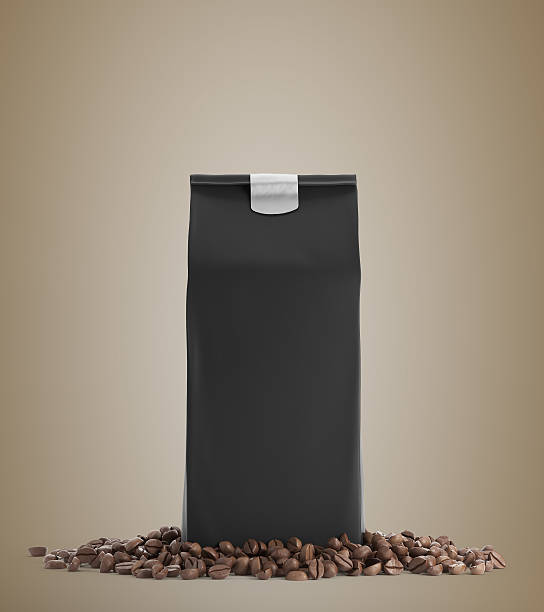 istock Black pack of coffee against beige background 619650186