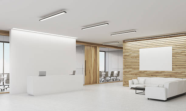 istock Side view of reception desk and sofas, wooden walls 619650396