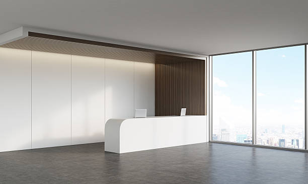 istock Side view of reception desk in corridor 619650640