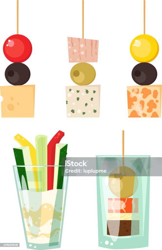 Canape snacks vector illustration. Set kinds of festive snacks canapes prepared isolated sandwich meat dish. Fresh banquet canape snacks meal gourmet bread party delicious vector. Tasty restaurant catering starter lunch canape snacks. Appetizer stock vector