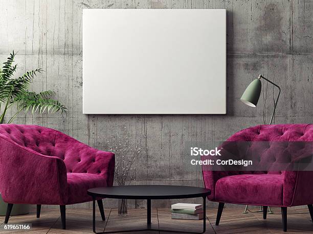 Mock Up Poster Hipster Living Room Stock Photo - Download Image Now - Painting - Art Product, Domestic Room, Picture Frame