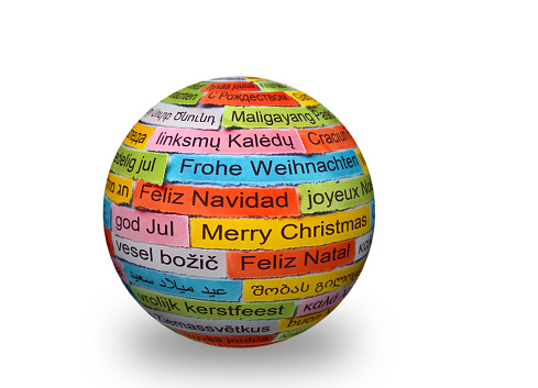 Merry Christmas  Word Cloud printed on colorful paper different languages on 3d ball