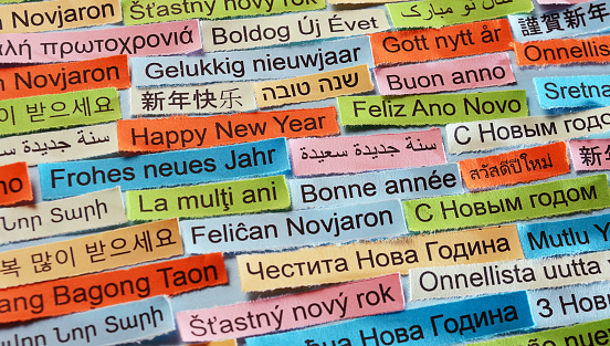 Happy New Year  Word Cloud printed on colorful paper different languages
