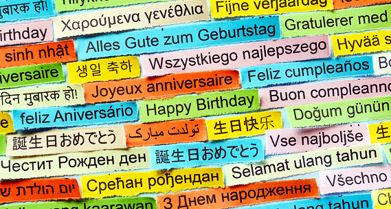 Happy Birthday  Word Cloud printed on colorful paper different languages