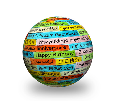 Happy Birtday  Word Cloud printed on colorful paper different languages on 3d ball