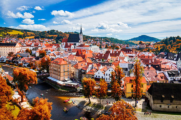 istock Autumn view on the Cesky Krumlov and Vltava river 619654724
