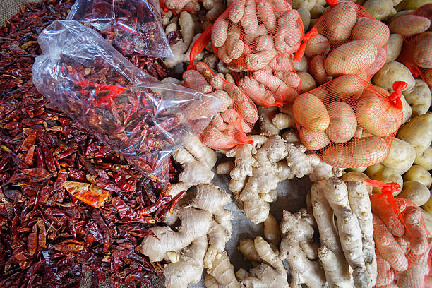 istock Spice mixed, chili, ginger and potato at market display. 619654952