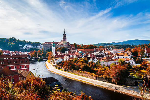 istock Autumn view on the Cesky Krumlov and Vltava river 619655642
