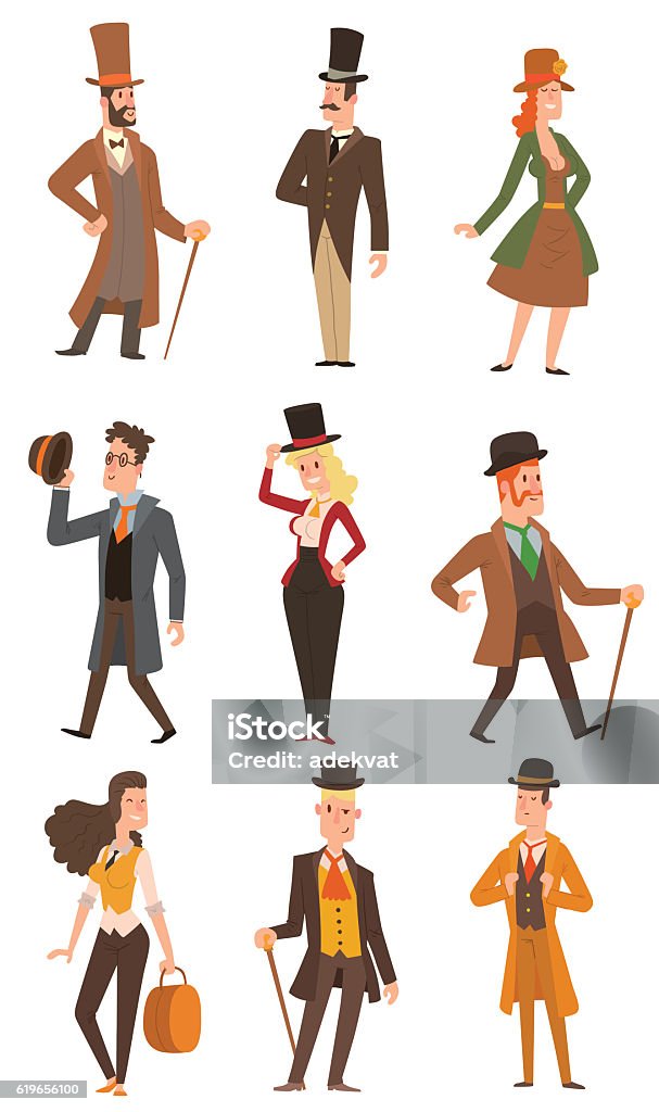 Vector design victorian people. Vector design of collection of vintage victorian people. Style fashion old people vector victorian gent people. Gentleman clothing antique century character victorian gent people vintage style. People stock vector