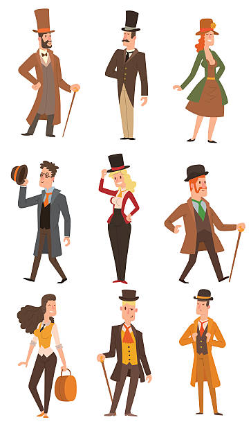 Vector design victorian people. Vector design of collection of vintage victorian people. Style fashion old people vector victorian gent people. Gentleman clothing antique century character victorian gent people vintage style. vintage people stock illustrations