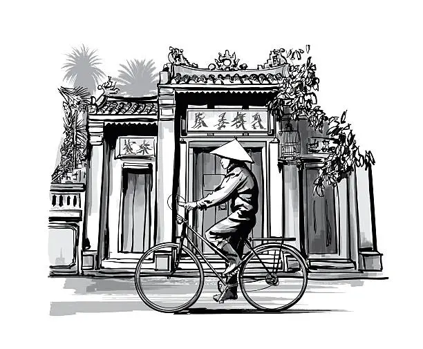 Vector illustration of Vietnamese with conical hat on bicycle