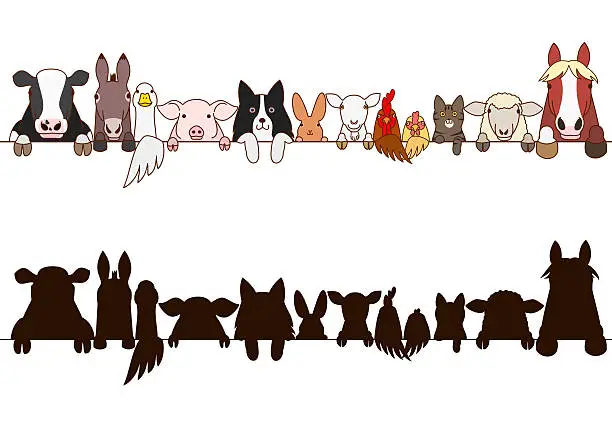 Vector illustration of farm animals border with silhouette